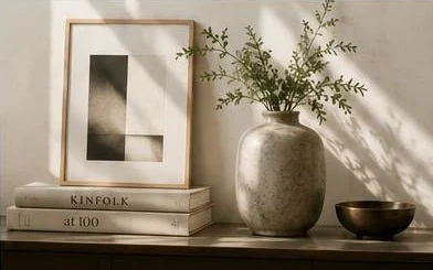 Vase and framed artwork